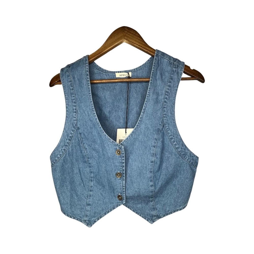 Spell Bombshell Chambray Denim Vest Button Front Western Boho Festival - Picture 6 of 9